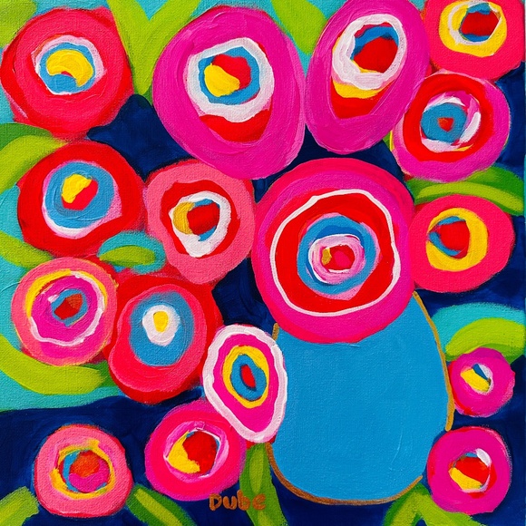 Original Painting Abstract Collectible Flowers Vase 12" x 12" Canvas - Picture 1 of 9